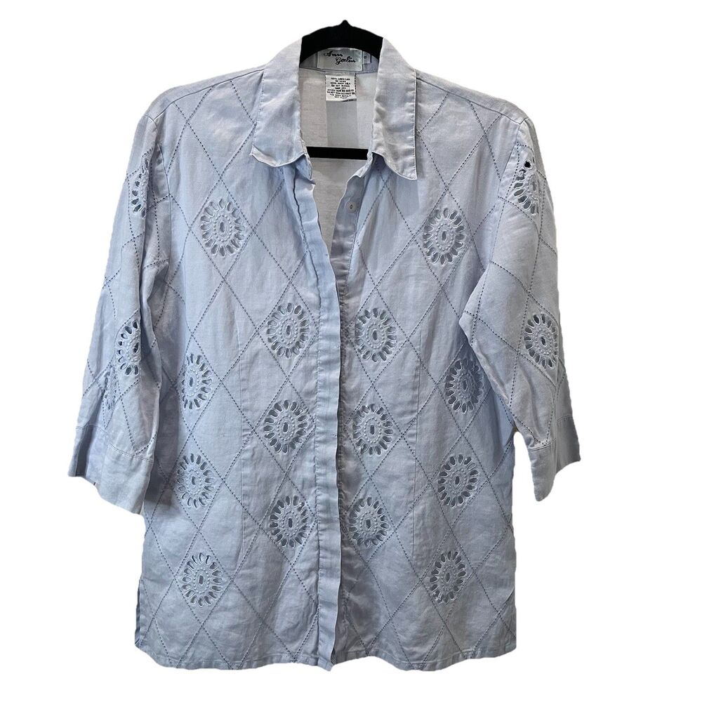 Ann Gerlin Light Blue 100% Linen Eyelet Button Up 3/4 Sleeve Shirt Womens Size 8